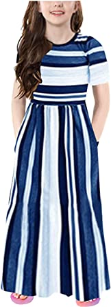 Miss Bei Girl's Summer Short Long Sleeve Stripe Holiday Dress Maxi Dress with Pocket Size 3-16T