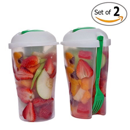 Fresh Salad Container Serving Cup Shaker with Dressing Container Fork Food Storage Bonus Recipes, Use This Bowl for Picnic, Lunch to Go, Made with High Quality Plastic Bottle - Eat Healthy -(Set of 2)