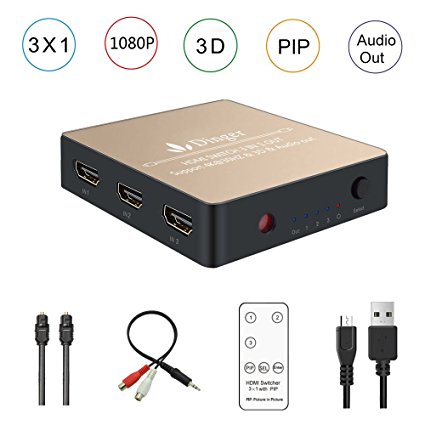 Dinger 3x1 HDMI Switch with Audio Extractor Converter Analog Optical Toslink SPDIF Output Support 4K 3D 1080P PIP, include IR Remote, Optical Cable and 3.5mm Male to 2 RCA Female Stereo Audio Cable