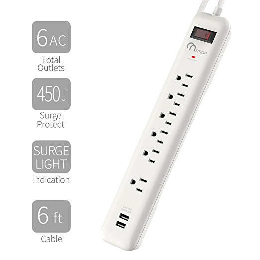 ON Smart Solution 6 AC Outlets Power Strip Surge Protector- 2 USB 2.4 A Output- 450J Surge Protection- 6Ft Power Cord- 15 and Circuit Breaker- ETL listed- White