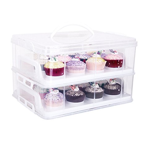 2 Tiers Cupcake Carriers Box Adjustable Snap and Stack Caddy Holder Container(white)
