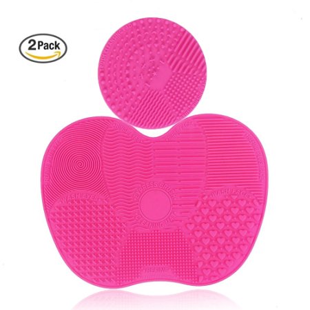 Makeup Brush Cleaning Mat,Set of 2 Silicone Cosmetic Washing Tool with Suction sups(Pink)