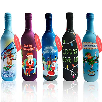 Christmas Wine Bottle Gift Covers- Blind Wine Tasting Covers- Stretchy Wine Gift Bags Alternative- Reusable Wine Bottle Bags for Gifts- 5 Colorful Assortments for Any Occasion- Includes 5 Gift Tags