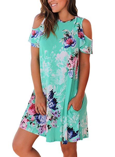 Annflat Women's Summer Floral Print Cold Shoulder Casual Swing Tunic Dress With Pockets