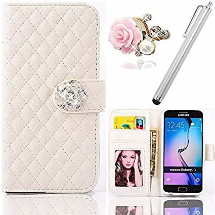 Vandot 3in1 Accessory Set Lady Handy Lattice Grid Quilted sleeve for smartphone iPhone 6 Plus 5.5 inches Premium PU Leather with ID/Credit Card Slots Leather Skin with Metal Stylus Pen and Pink Rhinestone Flower Anti Dust Plug Earphone Jack. (White)