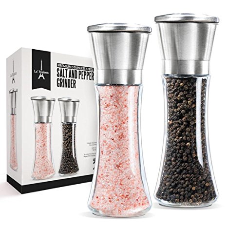 Salt and Pepper Shakers Grinder Mill Set | 6 Oz Tall Body Glass with Premium Brushed Stainless Steel and 5 Grade Adjustable Ceramic Rotor by La Maison