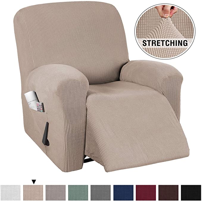 Stretch Recliner Cover Recliner Chair Covers for Leather / Living Room Recliner Chair Slipcover with Side Pocket, Thick Soft Small Checked Jacquard, Fitted Standard / Oversized 24"-33" Width, Sand