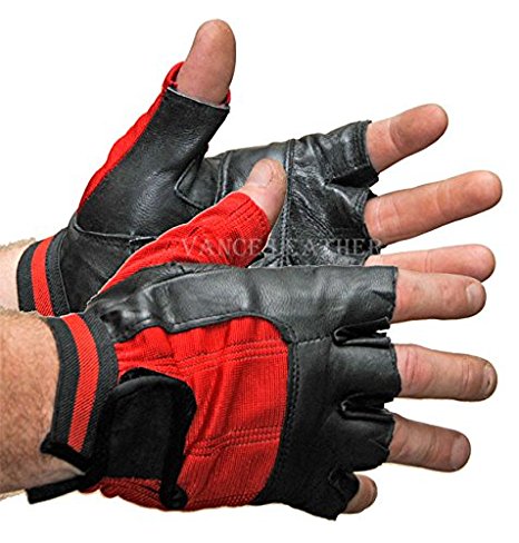 Spandex and Leather Fingerless Gloves-Black/Red 3XL