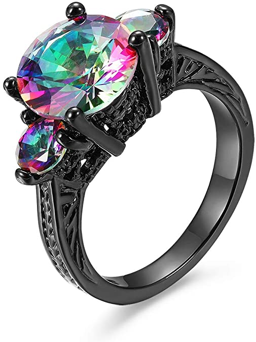 Bamos Premium Quality Black Wedding Rings for Women, 14K Black Engagement Ring with 3 Rainbow Topaz, Gothic Ring for Women and Girls
