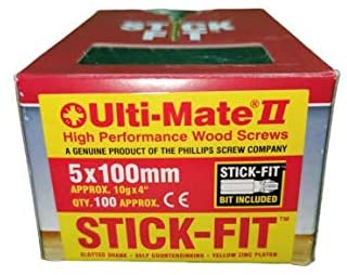 Ulti-Mate 2 Super High Performance Wood Screw with Stick Fit (Including High Quality Stick Fit Bit) Anti Rust, One Hand Driving, State of The Art Pozisquare, Anti-Camout Recess (5.0 x 100mm (100))