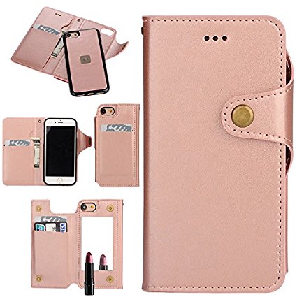 iPhone 6 6S Plus Case,Vandot PU Leather Magnetic Removable Makeup Mirror Back Flip Credit Card Holder Slots Protective Shell Skin Cover for iPhone 6/6S 5.5 inch-Rose Gold