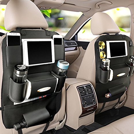 PALMOO Pu Leather Car Seat Back Organizer and iPad mini Holder, Universal Use as Car Backseat Organizer for Kids, Storage Bottles, Tissue Box, Toys - (1 Pack, Black)