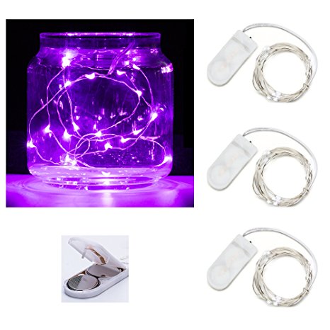 Pack of 3 sets LED Moon Lights 20 Micro Starry LEDs on Silver Extra Thin Copper Wire, 2 x CR2032 Batteries Required and Included, 3.5 Ft (1m) for DIY Wedding Centerpiece or Table Decorations (Purple)