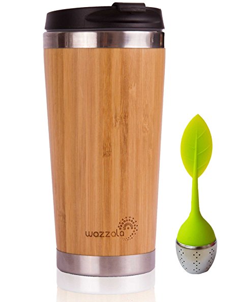 Elegant Reusable Bamboo Eco Travel Mug (Thermos) for Coffee or Tea | Splash-Proof, Easy to Clean Lid | Silicone Tea Infuser Included (450 ML)