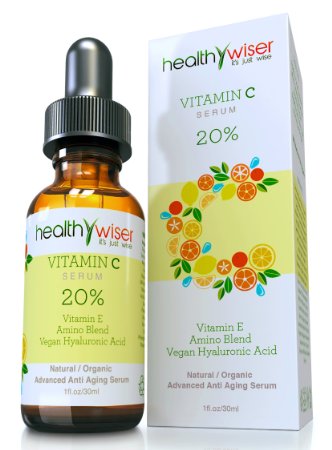 HealthyWiser® - ORGANIC Vitamin C Serum For Face 20% Vitamin E + Vegan Hyaluronic Acid + Organic Aloe, Jojoba Oil + Amino Blend - The Best Anti Aging Formula with Natural Ingredients, 1 Ounce