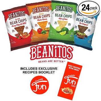 Beanitos Chips Variety Pack 24 Bags 4 Flavors (6 Original Black Bean, 6 Chipotle BBQ, 6 Nacho Cheese, 6 Restaurant Style) All Natural Gluten Free High Fiber Vegan No Preservatives Certified Kosher (24) Includes Exclusive Simples Recipes With Chips Booklet By Custom Varietea (1.5 oz Each)