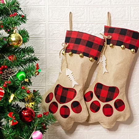 CHERPET Christmas Cat Stocking Hanger - Red&Black Plaid Personalized Burlap Large Cats Paw Stockings Bag with Fish Bone, Holiday Party Pet Gift Accessories for Puppy/Dogs/Kittens/Small Animals