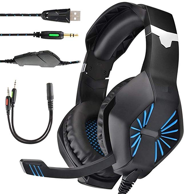Gaming Headphone, 3.5MM Jack & USB Wired Gaming Headset for PC, Xbox One, PS4, Nintendo Switch, Surround Sound, Noise Reduction Game Earphone with Microphone and Stunning LED Light