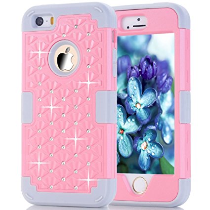 iPhone 5s Case, HOcase Rhinestone-Studded Bling Series, Durable Silicone Bumper and Hard PC Shock & Scratch Resistant Case for Apple 4 inch iPhone 5s - Light Pink Grey