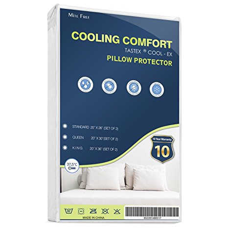 2-Pack Mite Free Cooling Comfort Waterproof Zippered Pillow Protector Pillow Encasement Breathable Cool for Maximum Comfort 20" x 30"