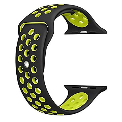 top4cus 42mm Soft Silicone Replacement Sport Strap iWatch Band for Apple Watch 42mm Edition & Sport & Apple watch Series 1 and Series 2 (Regular Black/Volt yellow, Medium / Large)