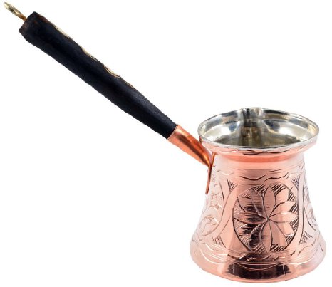 Thickest Premier Engraved Solid Copper Turkish Greek Arabic Coffee Pot Cezve Ibrik Briki with Wooden Handle Thick 15 mm Large - 11 Oz