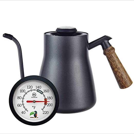 Gooseneck Kettle for Coffee and Tea - Pour Over Kettle with Thermometer used on induction cooker or stove top for Coffee and Tea (850 ml, Black)