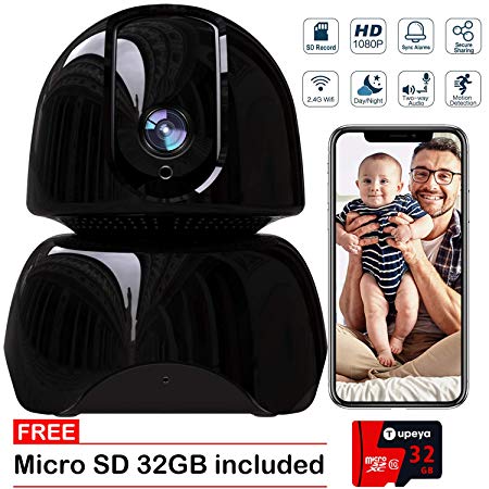 WiFi IP Indoor Camera, Include 32GB Mirco SD Card, 1080P Pan/Tilt/Zoom Home Security Camera Wireless Smart Cam HD Night Vision, Motion Tracker, Auto-Cruise, Remote Monitor for Baby/Pet/Elder