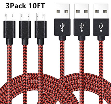 AOKER Micro USB Cable, [NEW] 3Pack 10FT Extra Long Nylon Braided [Fast Charger Cord] Sync and Charge for Android Devices, Samsung Galaxy S7 Edge/S6/S5/S4,Note 5/4/3,HTC,LG,Nexus (3x10ft Black Red)