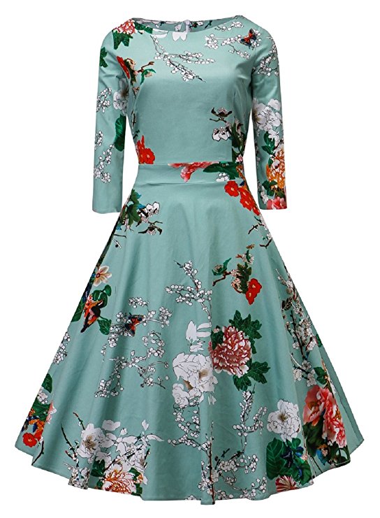 VOGTAGE 1950's Long Sleeve Retro Floral Vintage Dress with Defined Waist Design
