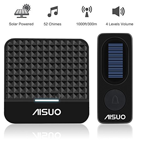 Aisuo Doorbell Kit - Solar Wireless Doorbell, 1000-feet Signal Range, LED Indicator & Flashing Alert Light, No Batteries Required and 52 Chimes, 4 Adjustable Volumes, Outdoor/ Indoor (Black).