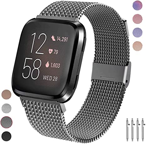 Qunbor Strap compatible with Fitbit Versa/Versa Lite Edition/Versa 2 for Women Man, Metal Stainless Steel Bracelet Replacement Wristband for Fitbit Versa Smartwatch Band Small Large (Space Grey S)