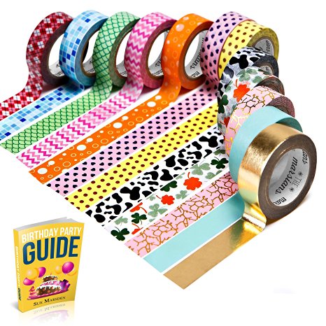 Best Washi Tape Set of 12 Rolls, Decorative Masking Tape W/Dazzling Colors & Patterns For Arts & Crafts, Scrapbooking Supplies & Planner Accessories, Includes Birthday Party Ebook
