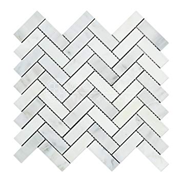 Carrara White Italian (Bianco Carrara) Marble 1 X 3 Herringbone Mosaic Tile, Polished