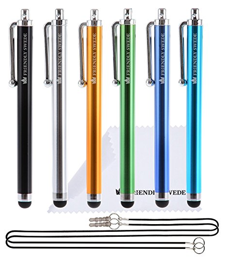 The Friendly Swede Basics - Bundle of 6 Capacitive Stylus Pens (Rubber Tip, Universal Compatibility)   Two 15” Lanyards   Microfiber cloth (Black, Gold, Silver, Blue, Sea Blue, Green)