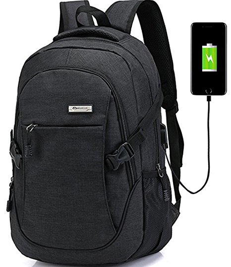 Laptop Computer Backpack Hopesport External USB Charge Port with Built-in USB Charging Cable School Travel Backpacks (black)