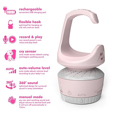 La Luna Smart Interactive Baby Soother – Shushing Sound   Custom Recording / Auto activation with Cry Sensor, Auto Volume Increaser, 360° Surround Sound / Auto Sooth & Relax Baby Back to Sleep (Pink)