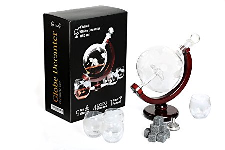 GeraH Globe Decanter (850ml) - Whiskey Decanter Set with 4 Glasses, Ice Stones and Funnel - Preserves Freshness of Wine or Liquor - Premium Quality, Artisan Crafted Design - Makes a Great Gift for Dad
