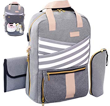 Breast Pump Backpack, Pumping Bag for Travel/Work, Fits Spectra S1, S2, Medela, Large Capacity Diaper Backpack with Changing Pad, Bottle Cooler Bag, Laptop Compartment, USB Charging Port