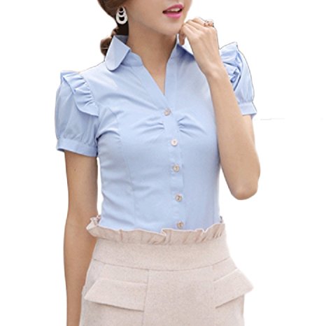 WLLW Womens Short Sleeve Fashion Shirt Formal Collared Fitted Blouse Tops
