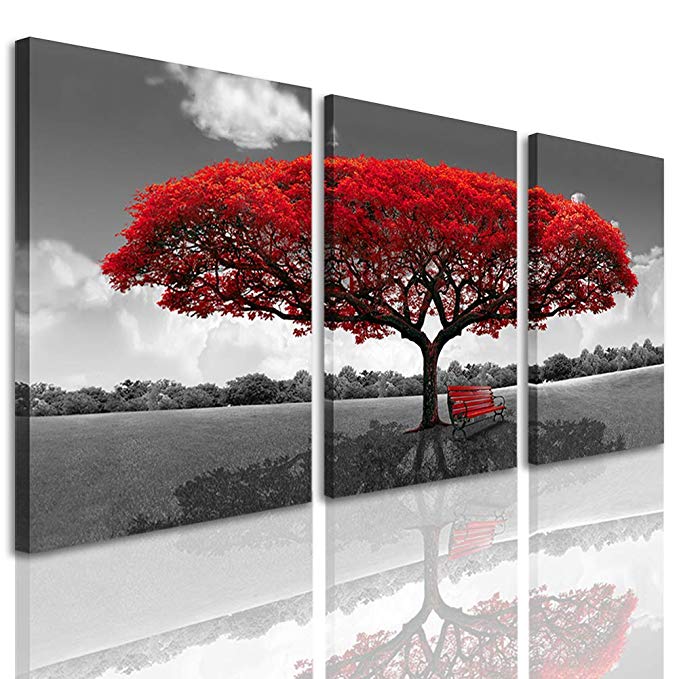 Amosi Art - 3 Panels Canvas Wall Art Tree Picture Printed on Canvas Landscape Painting Modern Artwork Stretched and Framed Ready to Hang Canvas Art for Home Decoration (Red Tree 30x40)