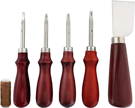 4 Size Leather Beveler Craft and 1 Piece Leather Cutting Knife, Leathercraft Edge Beveler Skiving Knife with Wood Handle Leather Working Tools Set for DIY(1.5 mm, 1.2 mm, 1mm, 0.8mm) (Red)