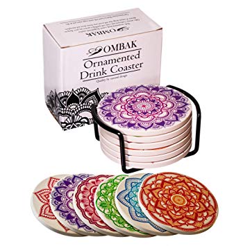 Coaster For Drinks By OMBAK, Extra Large And Absorbent, Ornamented With 6 Unique Timeless Rainbow Mandalas To Accent Any Decor, Set of 6 With Holder For Living Room Kitchen Or Office