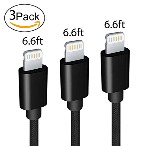 iPhone Charger, 3Pack 6.6FT Long Nylon Braided Lightning Cable USB Charger Cord Compatible with iPhone 7/ 7Plus/ 6/ 6Plus/ 6s/ 6s Plus/ 5s/ 5c/ 5/ SE/ iPad / iPod