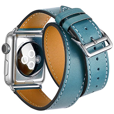 Apple Watch Band,Valkit(TM) Luxury Genuine Leather Smart Watch Band Strap Bracelet Replacement Wrist Band 42mm With Adapter Clasp for iWahtch Apple Watch & Sport & Edition--Double tour - (Blue)