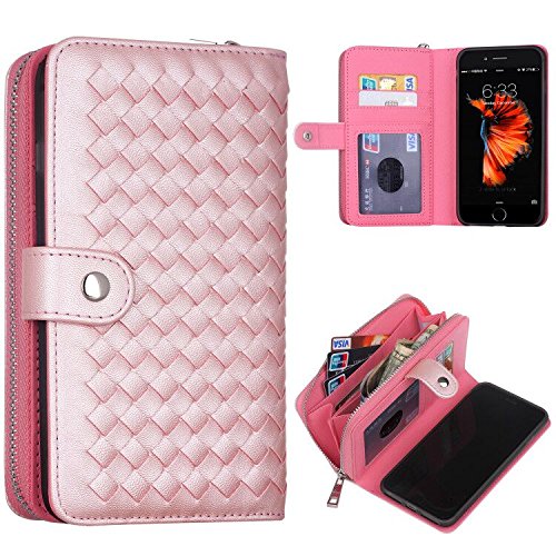 iPhone 7 Case, iPhone 7 Wallet Case, Pasonomi Premium Woven Pattern PU Leather Zipper Case Slim Cover with Strap and Credit Card Slot for iPhone 7 4.7 inch (Woven Rose Gold)