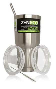 ZENECO 30oz Stainless Steel Tumbler Double Wall Vacuum insulated Mug - Includes 2 Lids (Clear & SPLASH-PROOF) Straw & Brush - Perfect Coffee & Tea Thermal Travel Cup - Ideal For Hot & Cold Drinks