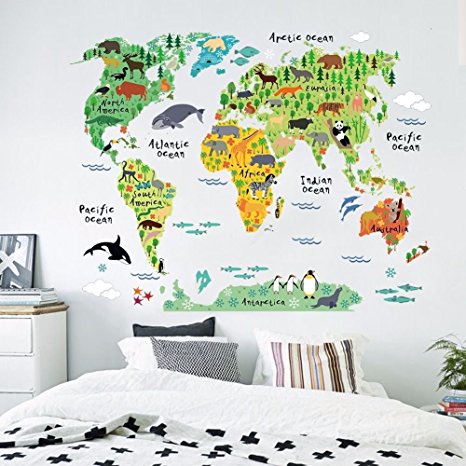 Zooarts Animals World Map Vinyl Mural Wall Sticker Decals for Kids Children Room Decor