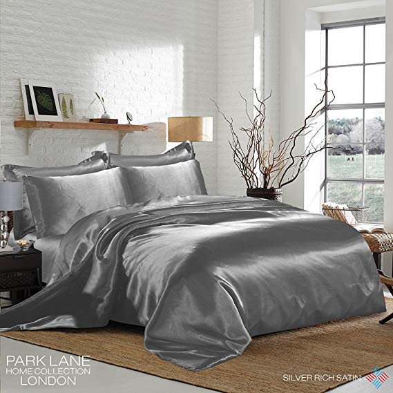 SATIN Silver Double Duvet Cover, Fitted Sheet and 4 pillowcases Bedding