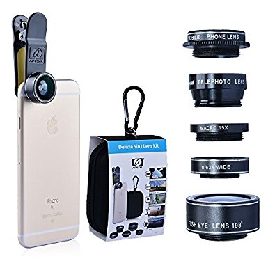 5 in 1 Mobile Phone Lenses Kit, 198° Fisheye Lens   0.63x Wide Angle Lens   15x Macro Lens   2x Telephoto Lens   CPL Lens with Universal Clip for iPhone, Samaung, HTC, LG and Most Smartphones (Black)